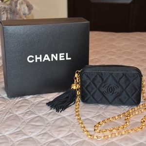 Chanel Quilted Black Satin Handbag with gold chain